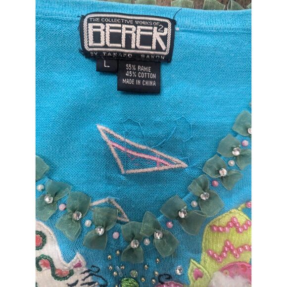 Vintage BERK2 Blue Knit Sweater with Embellished Cats & Martini Design, Size L - Picture 4 of 6